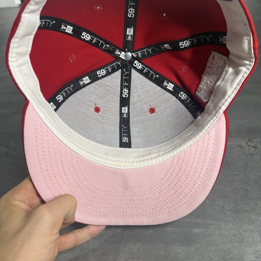Hat Club Boston Red Sox New Era Cap Red Pink White 7 5/8 WS Side Patch‎ Fitted - Picture 6 of 7